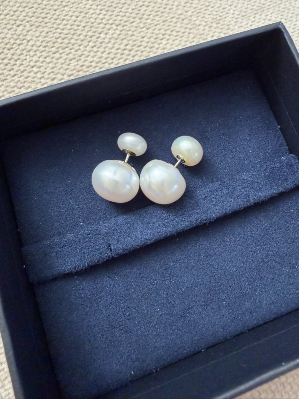 Sterling Silver Double Pearl Stud Earrings Front Back